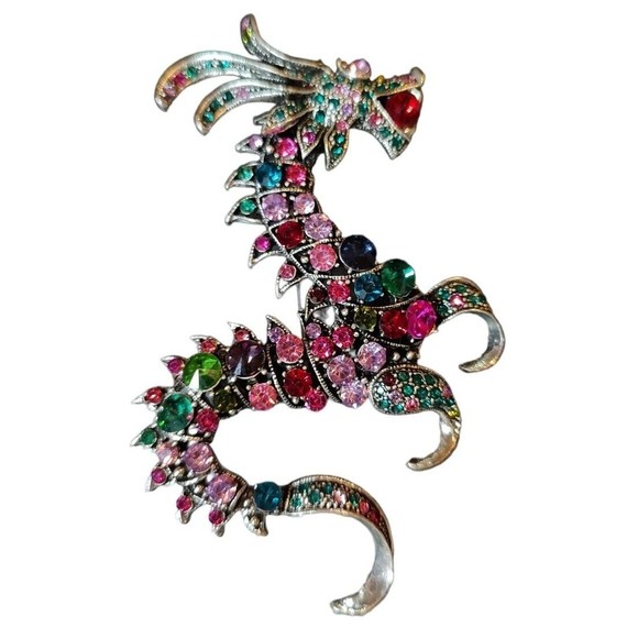 Pinks Blues Silver Chinese Dragon Jeweled Statement Brooch Pin Pendant - Picture 1 of 7